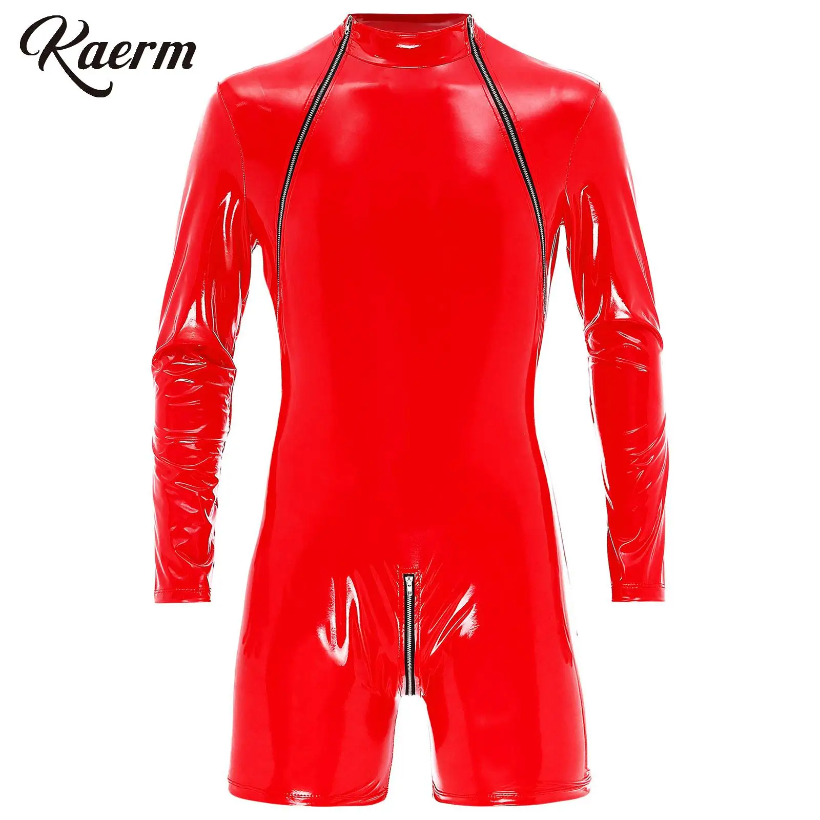 Men's Wet Look Leather Long Sleeve Bodysuit Zipper Open Crotch Jumpsuits Rave Party Pole Dance Clubwear Maid Uniform 
Men's Wet Look Leather Long Sleeve Bodysuit Zipper Open Crotch Jumpsuits Rave Party Pole Dance Clubwear Maid Uniform