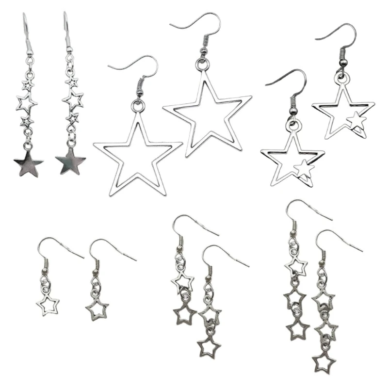 

6 Pairs/set Hollow Big Star Earrings Silver Color Pentagram Dangle Earrings For Women Girls Birthday gift Party Jewelry