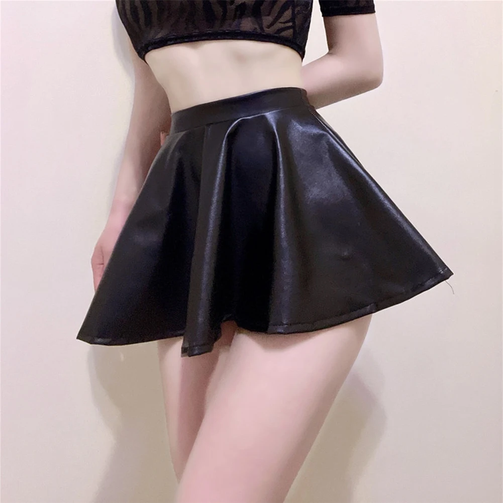 

Short Women Skirt Sexy Skater Skirt Wet Look A-line All Seasons Black Breathable Clothing High Waist Brand New