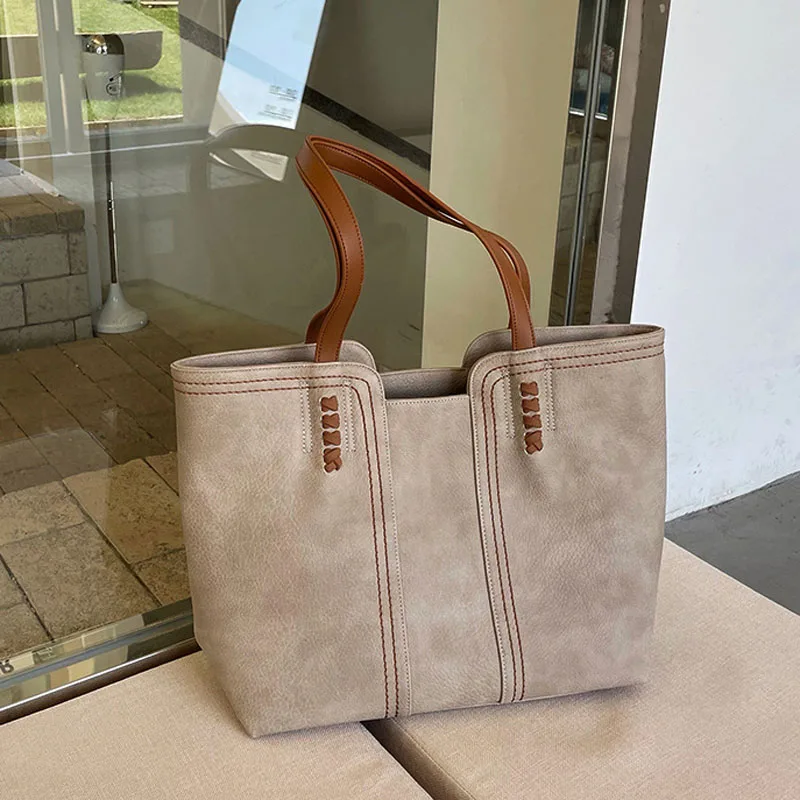 

2023 Large Capacity Tote Bags Soft PU Leather Contrast Color Shoulder Bag Women Designer Daily Commuter Totes Female Shopper