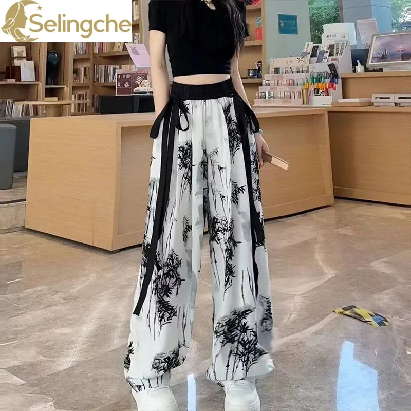 

2024 Summer New Ribbon Decoration Retro Ink Print Wide Feet Pants with Pockets Elastic Loose Comfortable Casual Pants