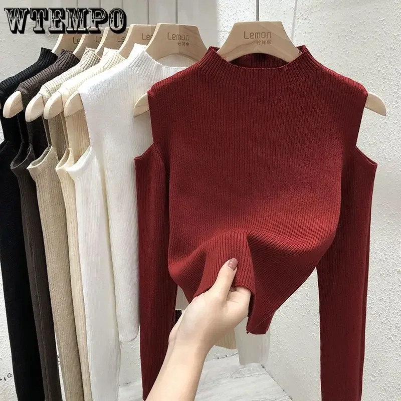 

2024 Fashion Off-the-shoulder Women's Pullover Tops Long-sleeve Autumn New Bottoming Knitted Shirt Mock Neck Female Sweater