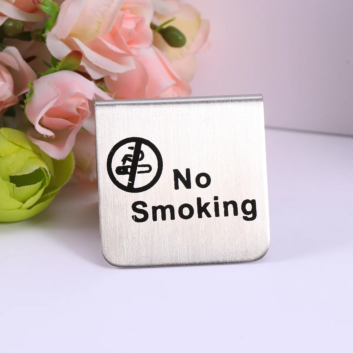 

Stainless Steel No Smoking Table Tent Sign Double Side Free Standing No Smoking Sign for Office Hotel (English/Black Circle)