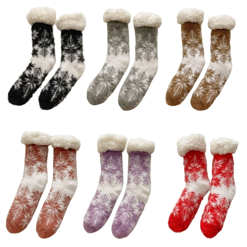 

Women Christmas Snowflake Pattern Fleece Lined Fuzzy Slipper Socks with Grippers