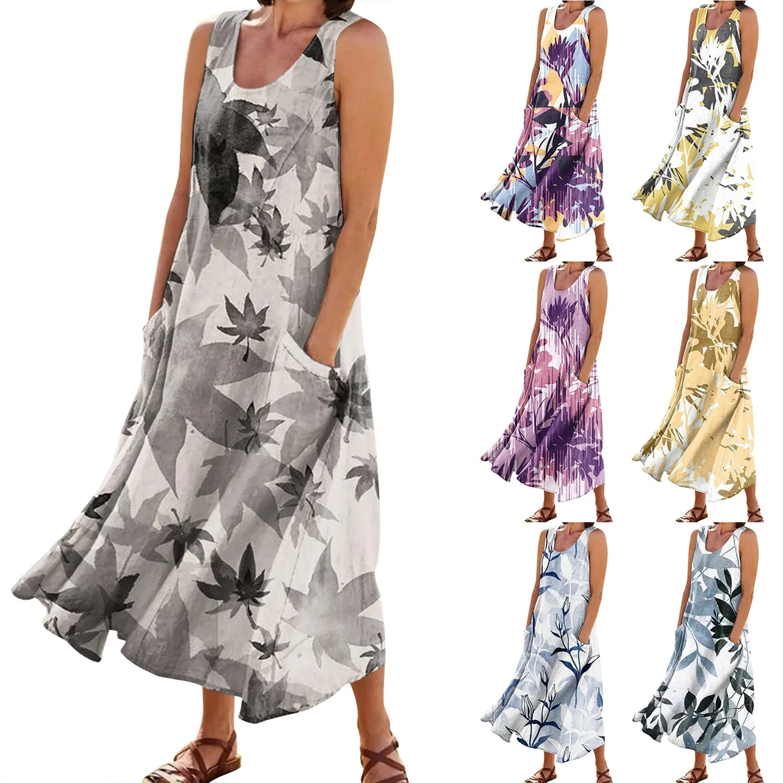 

Women's Summer Casual Fashion Dresses Easter Printed Sleeveless Round Neck Pocket Dress Elegant Slim-Type Skirt فساتين طويلة