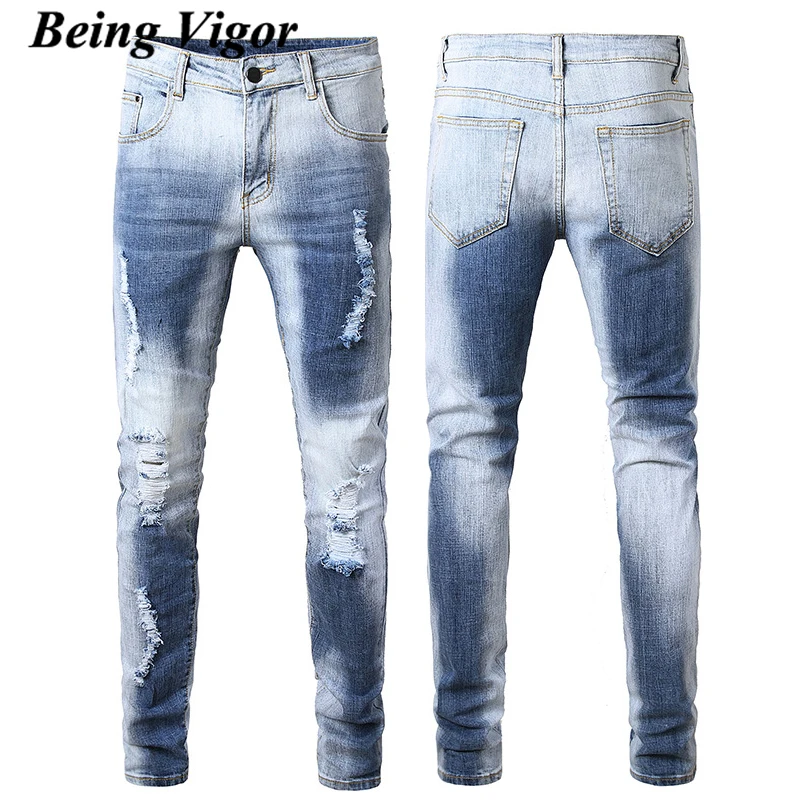 

Being Vigor Streetwear Ripped Hip Hop Elastic Denim Lotfeel Faded Bule Ankle White Distressed Slim Fit Jeans Men