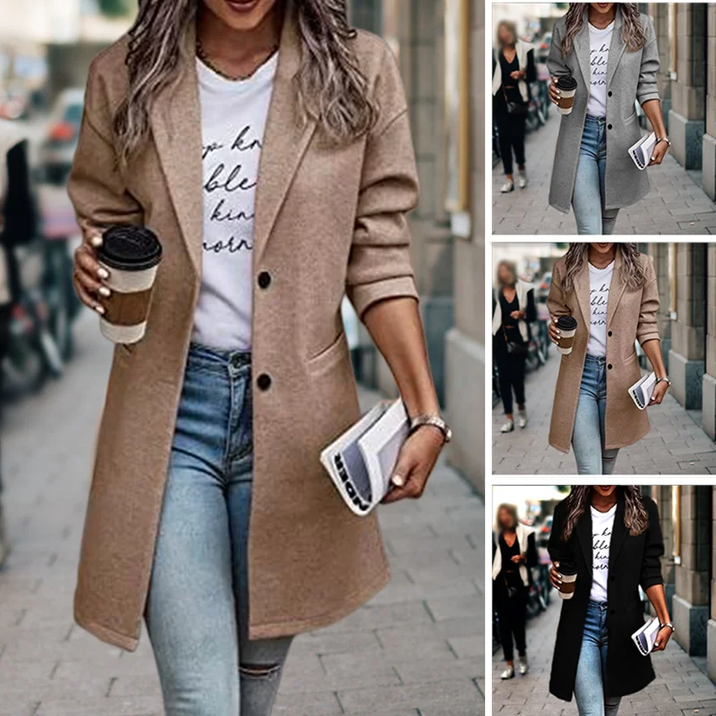 

Female Spring Woman Jackets Long Sleeve Mid-length Female Coat Ladies' Blazer Women Jacket Woolen Overcoat Turndown CollarTop