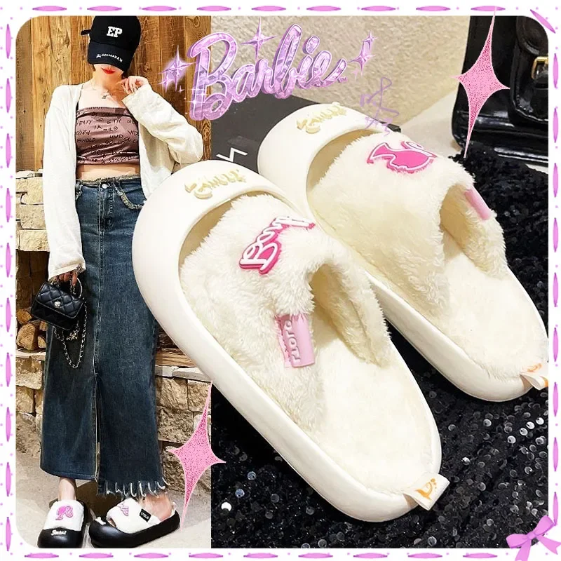 

Barbie Plush Slippers Kawaii Winter Cartoon Movie Trendy Sandals Soft Outdoor Convenient Non-Slip Cute Girls Gift Stylish Lovely