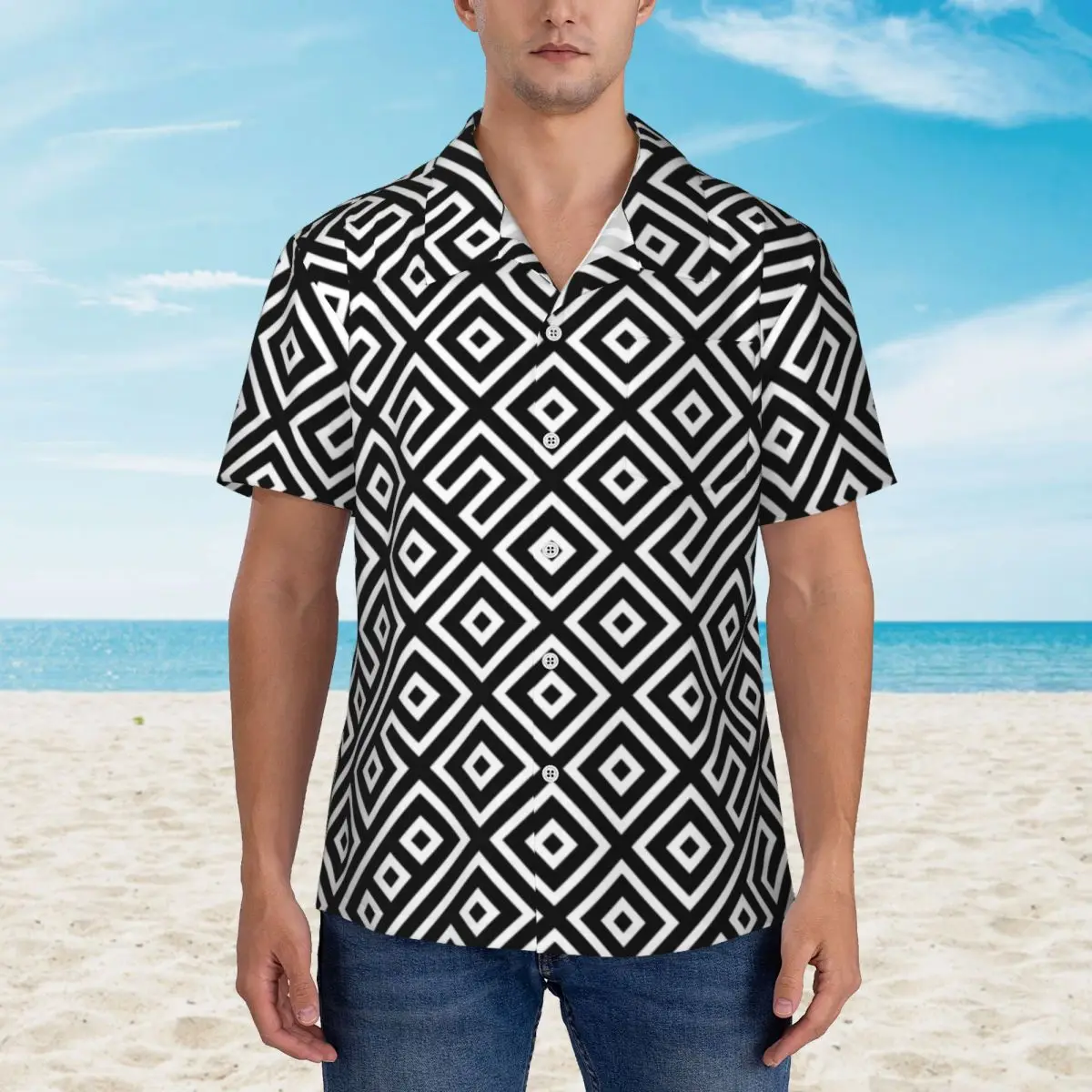 

Funny Geometry Vacation Shirt Mens Modern Art Print Casual Shirts Hawaii Short-Sleeve Design Retro Y2K Oversize Blouses Present