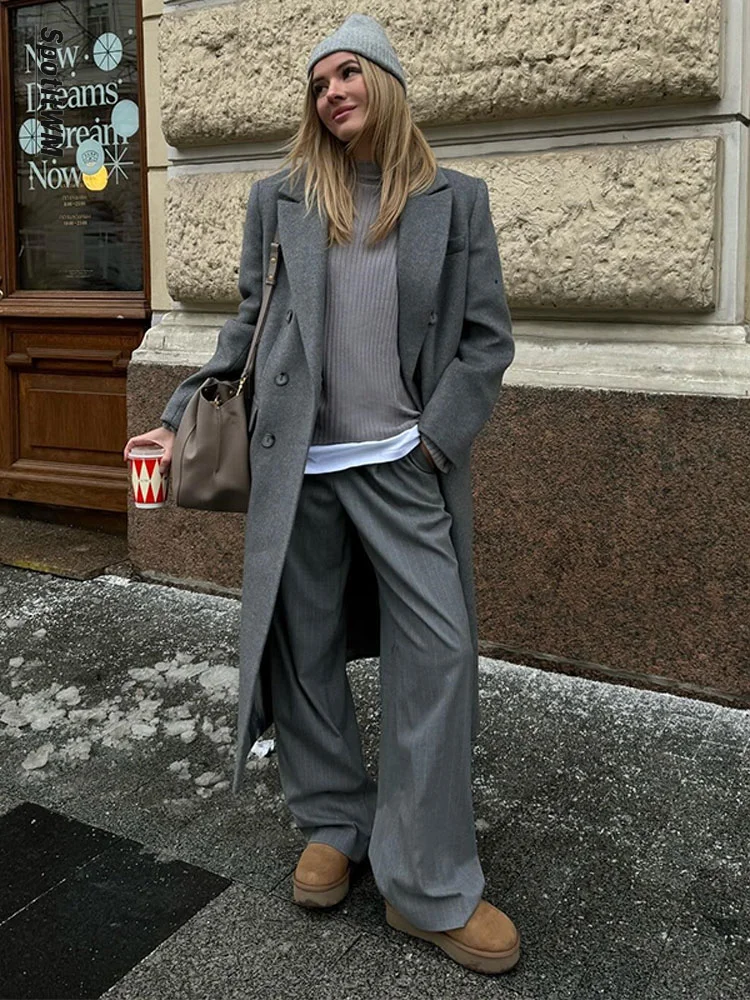 

Модное простое женское длинное пальто из смешанной шерсти, зимнее плотное теплое двубортное пальто с лацканами, женская элегантная уличная верхняя одежда