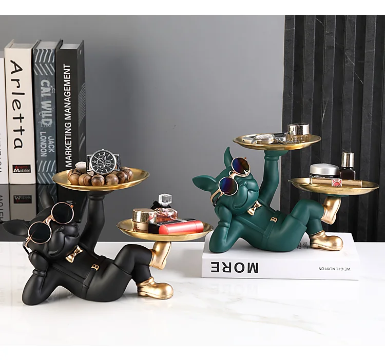 Animal Resin Sculpture dog Butler statue Home Decor French Bulldog with Double Metal tray Table Ornaments Decor Dog Figurine Art Animal Resin Sculpture dog Butler statue Home Decor French Bulldog with Double Metal tray Table Ornaments Decor Dog Figurine Art