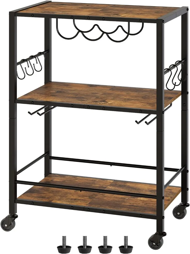 Bar Cart, 3-Tier Serving Cart, Kitchen Cart with Wine Rack, 22.4" L X 12.9" W X 32.3" H, Microwave Cart with 6 Hooks 
Bar Cart, 3-Tier Serving Cart, Kitchen Cart with Wine Rack, 22.4" L X 12.9" W X 32.3" H, Microwave Cart with 6 Hooks