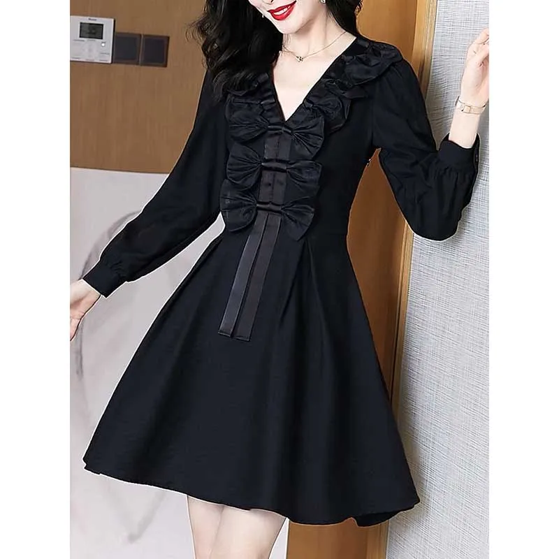 

Elegant V-Neck Spliced Folds Lace Up Bow Mini Dress Women Clothing 2024 Spring New Loose Solid Color Office Lady Ladies Dresses