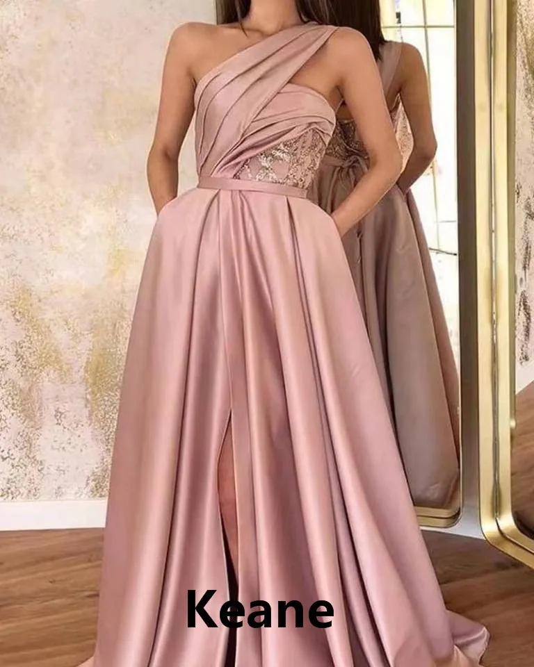 

Satin High Slit Evening Dress One Shoulder Pockets Illusion Robe De Soiree Islamic Dubai Kaftan Saudi Arabic Evening Prom Dress