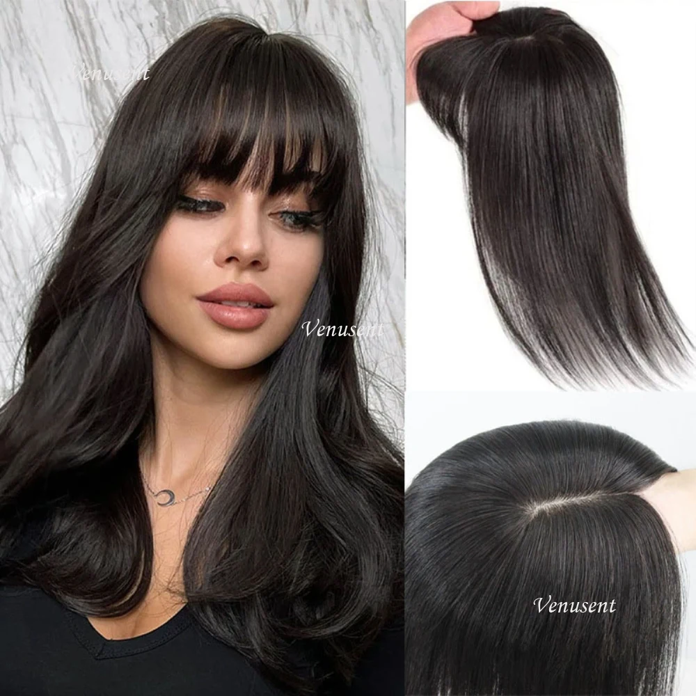 

Women's Virgin Human Hair Silk Base Topper with Bangs Full Scalp Base Toupee Hair Piece Straight with Clips in & 2CM PU Around