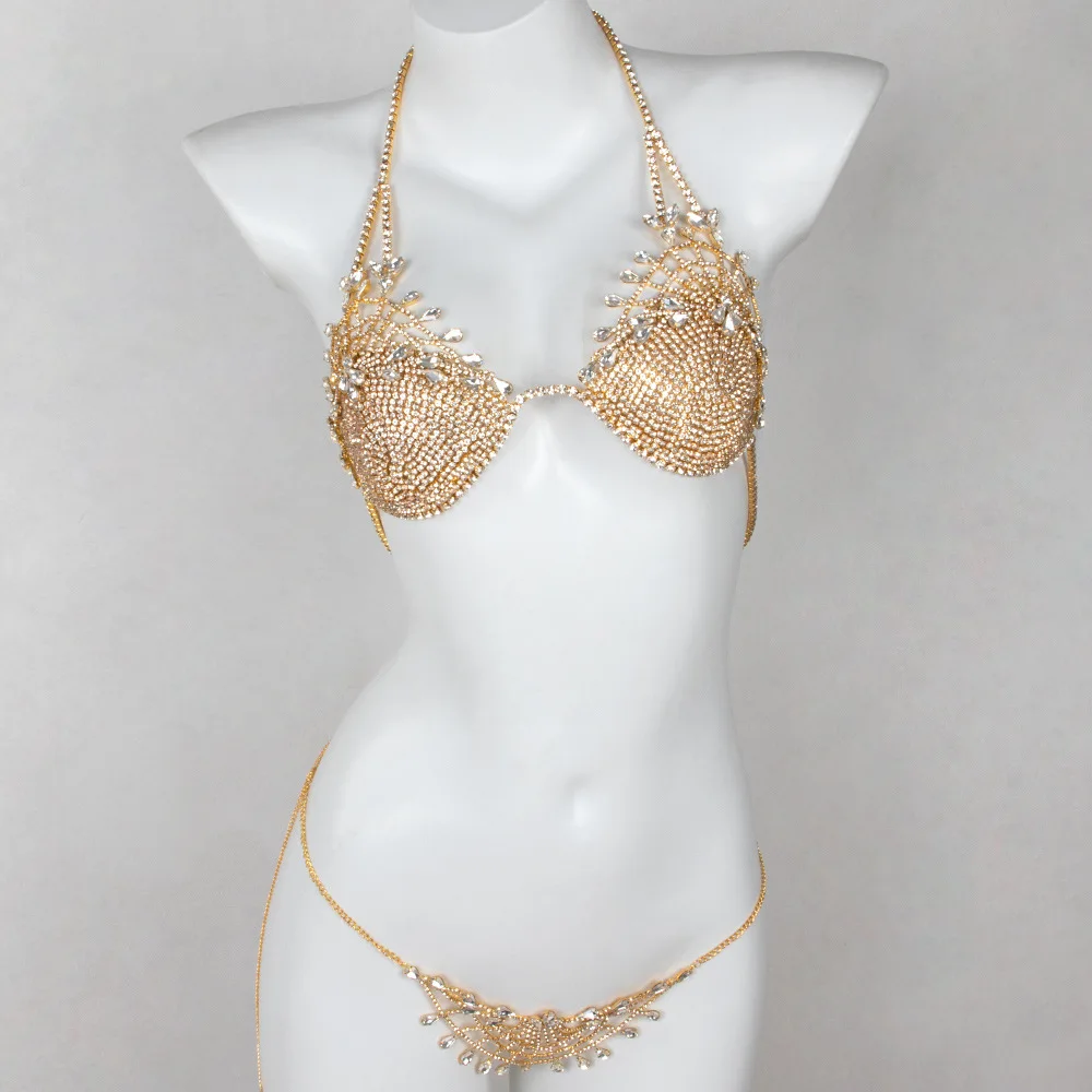 

New Exaggerated Rhinestone Body Chains Female Personality Pattern Inlaid Nightclub Sexy Bikini Bra Set