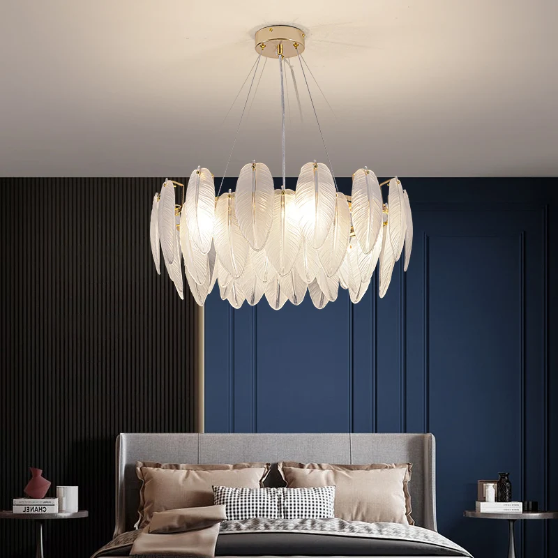 

LED Art Deco Postmodern White Glass Goose Feather Designer Chandelier Lighting Lustre Suspension Luminaire Lampen For Foyer