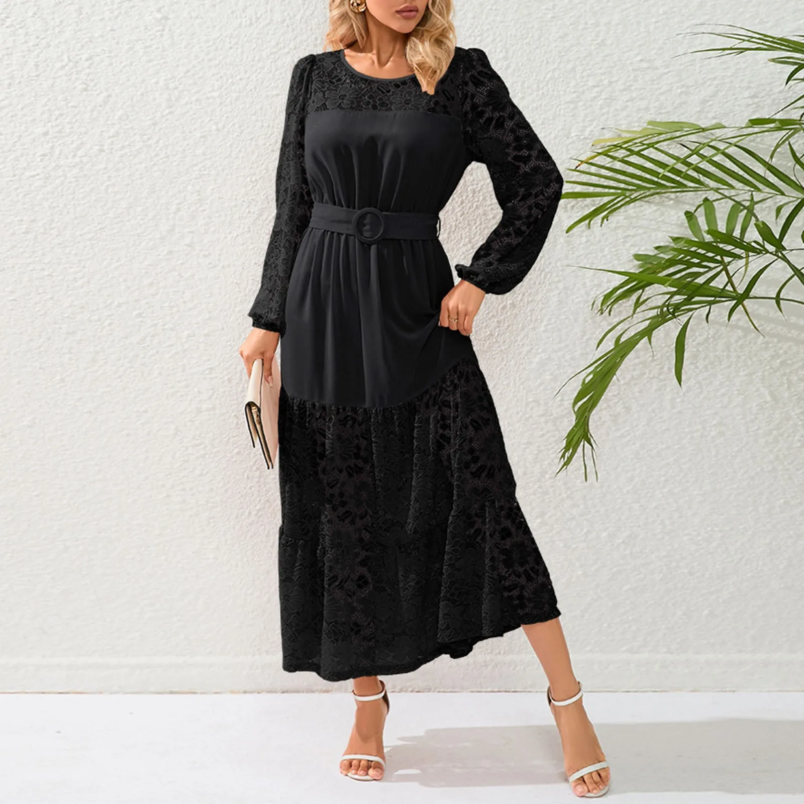 Women Lace Splicing Half Sleeve Long Dress Round Neck Solid Long Dress Summer Lace-up Hollow Jacquard Big Hem Pleats Dresses
Women Lace Splicing Half Sleeve Long Dress Round Neck Solid Long Dress Summer Lace-up Hollow Jacquard Big Hem Pleats Dresses
