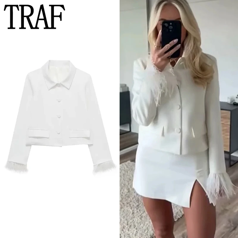 

TRAF Women Polo Neck White Blazer Patchwork Feather Cropped Jackets Blazer Woman 2024 Long Sleeve Suit Jacket Elegant Blazer