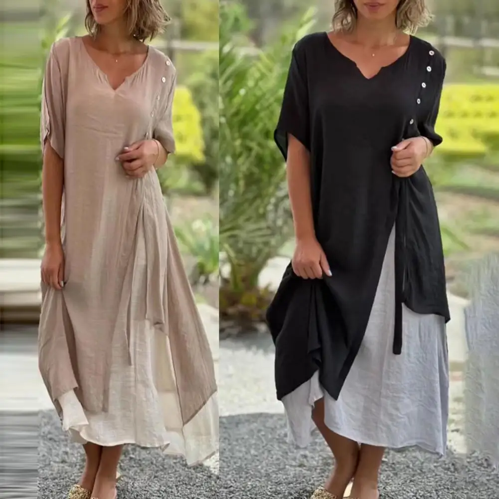 

Casual Loose Cut Dress Flowy Hem Women's V-neck Midi Dress with Asymmetrical Fake Two Pieces Design Button Decor Loose Fit