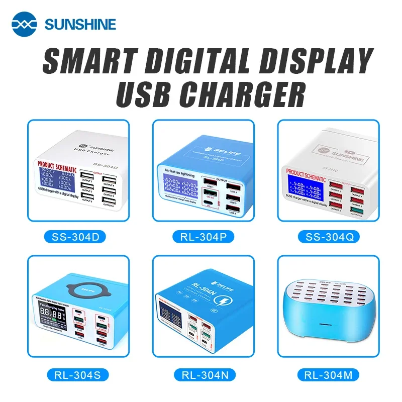 

Sunshine RELIFE 304P SS-304D SS-304Q Smart 6 Port USB Digital Display Lightning Charger for IPhone Samsung Huawei Xiao Vivo Opop