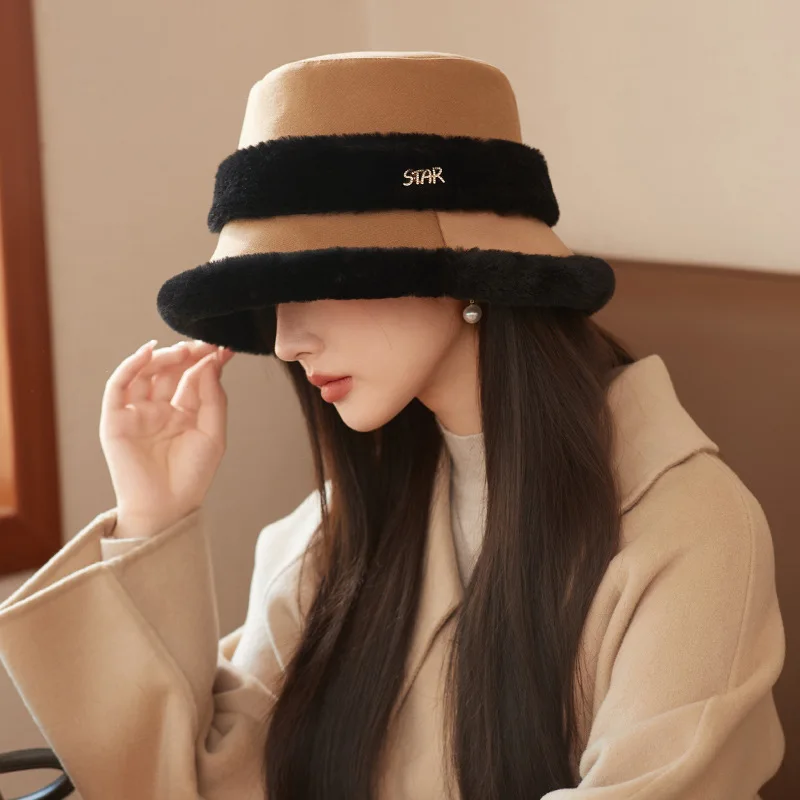 Women plush bucket hat winter wide brim