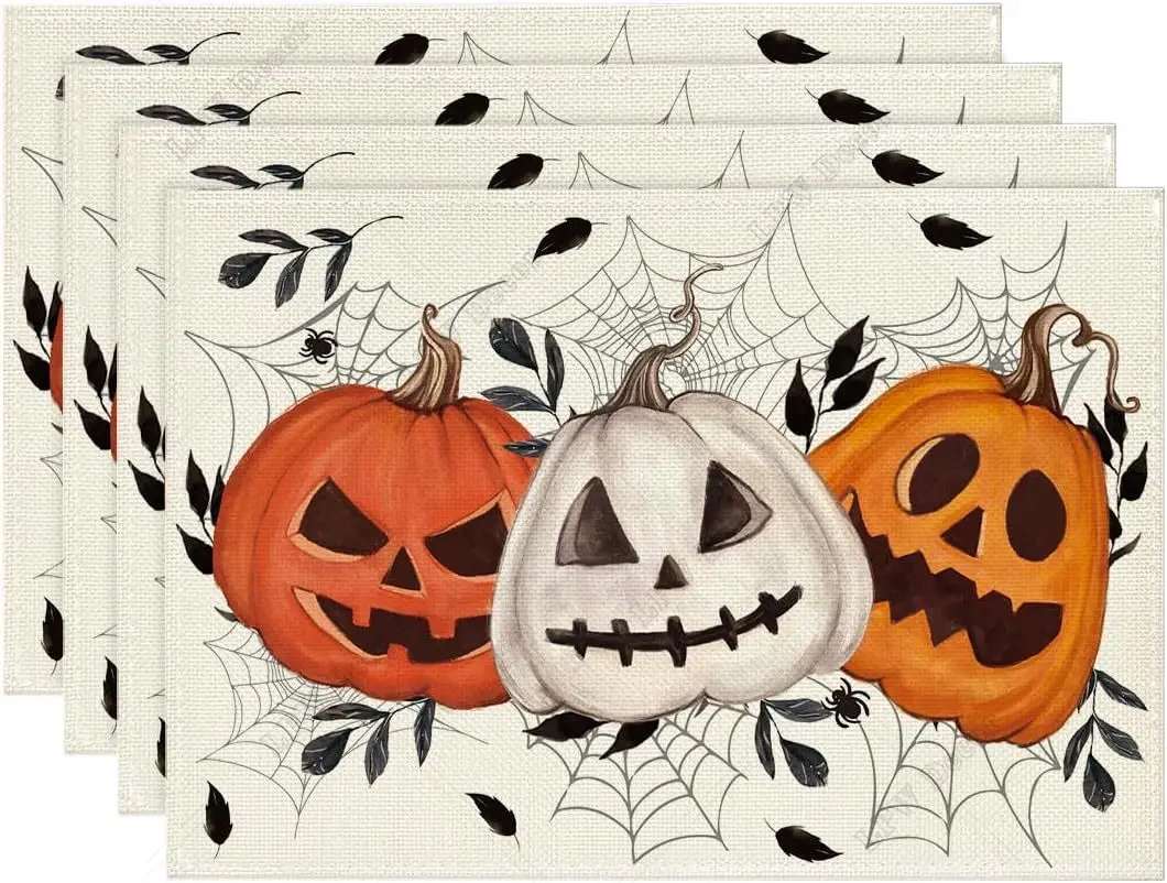 

Pumpkins Spider Web Halloween Placemats Set of 4 12x18 Inch Fall Holiday Table Mats for Party Kitchen Dining Decoration