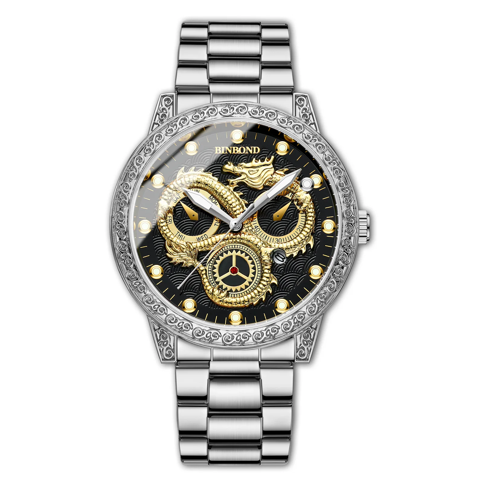 

BINBOND Fashion Men Gold Carved Dragon Watch StainlessSteel Waterproof Luminous Calendar Mens Watches Luxury Relogio Masculino
