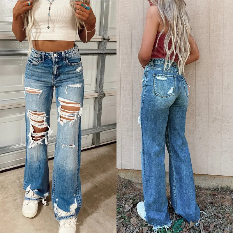 

Distressed Jeans For Women In 2024, New Distressed High Waisted Straight Leg Pants With Washed Raw Edges