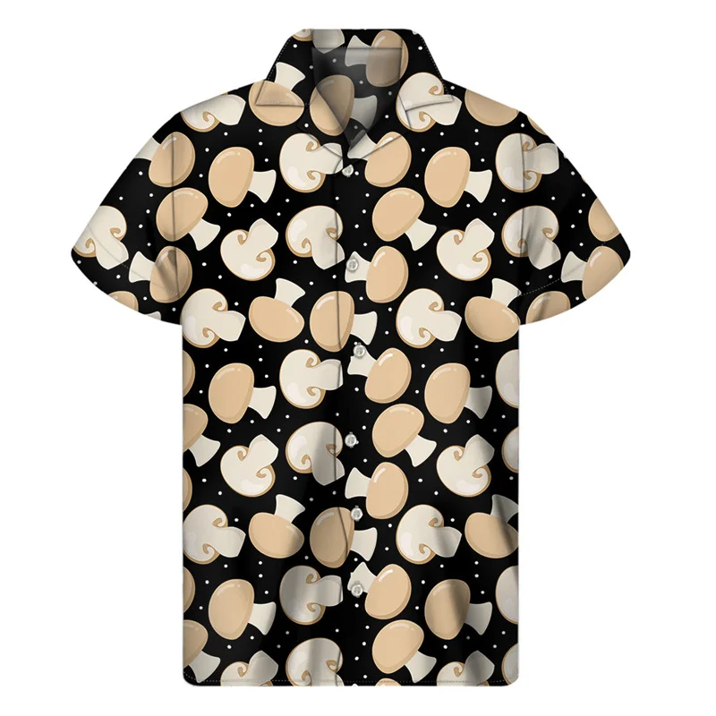 

Гавайская рубашка для мужчин и женщин, с мультяшным принтом грибов, 3D принт, с лацканами, Модные свободные топы с коротким рукавом, блузка на пуговицах, на лето