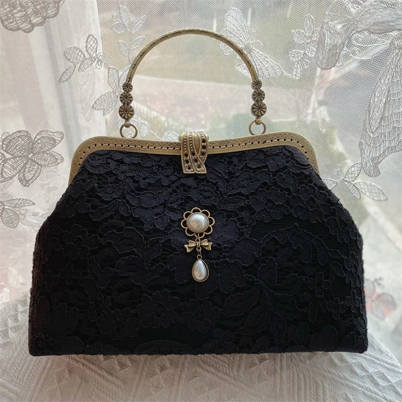 

Lost in Vinatge Lace Floral Gunmetal Closure Gold Kiss Lock Handbag Purse