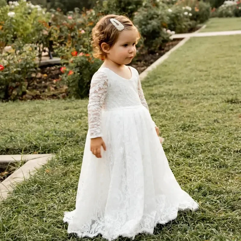 

Кружевное платье для девочек цвета слоновой кости, ТРАПЕЦИЕВИДНОЕ ПЛАТЬЕ С V-образным вырезом на спине и длинными рукавами для маленьких девочек на день рождения, свадьбу, платье принцессы для первого причастия