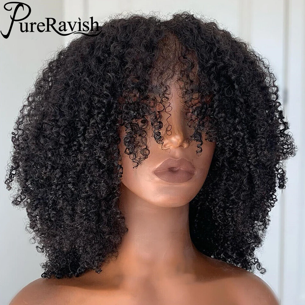 

200% Density Kinky Curly Wig With Bangs Machine Made Bob Human Hair Wigs For Women Afro Kinky Curly Glueless Wigs Human Hair