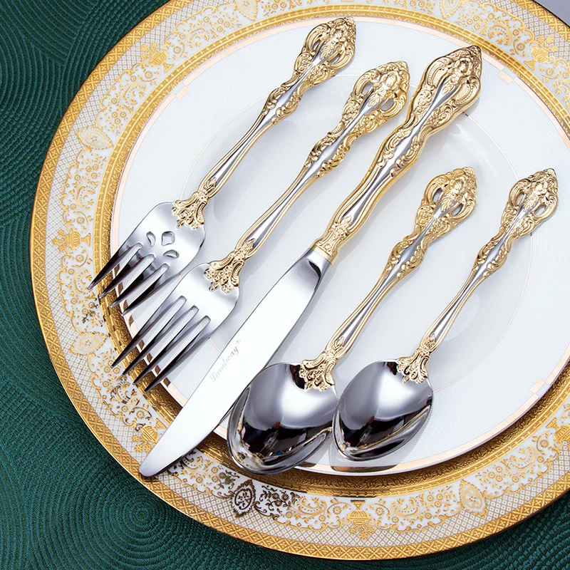 5-piece Set of 304 Stainless Steel Knife Fork and Spoon Retro Gold-plated Cutlery Set Steak Knife and Fork Gold Silverware Set
5-piece Set of 304 Stainless Steel Knife Fork and Spoon Retro Gold-plated Cutlery Set Steak Knife and Fork Gold Silverware Set