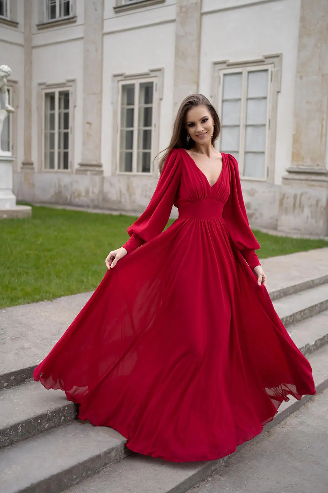 

Women Maxi Bridesmaid Dress Burgundy V Neck Long Lantern Sleeve Lady Chic Celebrity Prom Gowns Elegant Swing Evening Party Dress