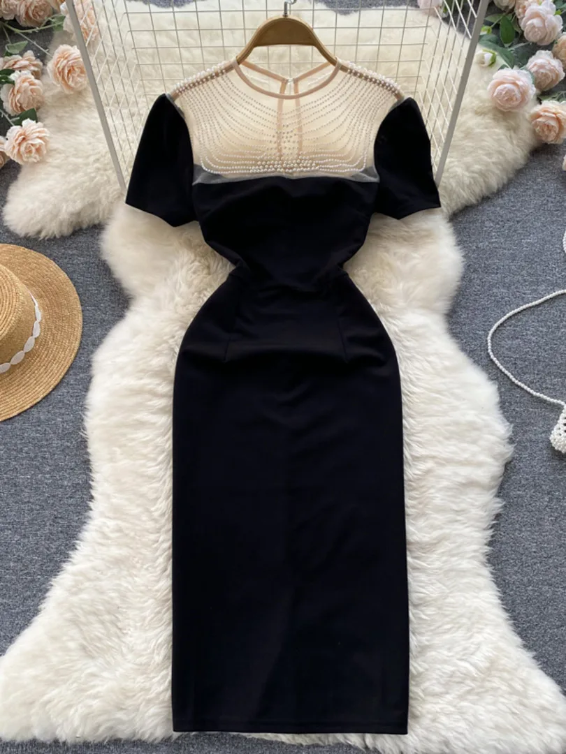 ssTss Elegant Women Black Vintage Dress Sexy See Through Mesh Patchwork Beading O-Neck Short Sleeve Slim Evening Party Dress
ssTss Elegant Women Black Vintage Dress Sexy See Through Mesh Patchwork Beading O-Neck Short Sleeve Slim Evening Party Dress