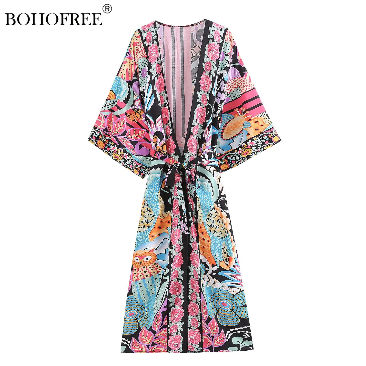 

Vintage Chic Floral Print Long Kimono Robes Belt Beachwear Bohemian Bikini Cover Ups Rayon Cotton Boho Kimonos Mujer