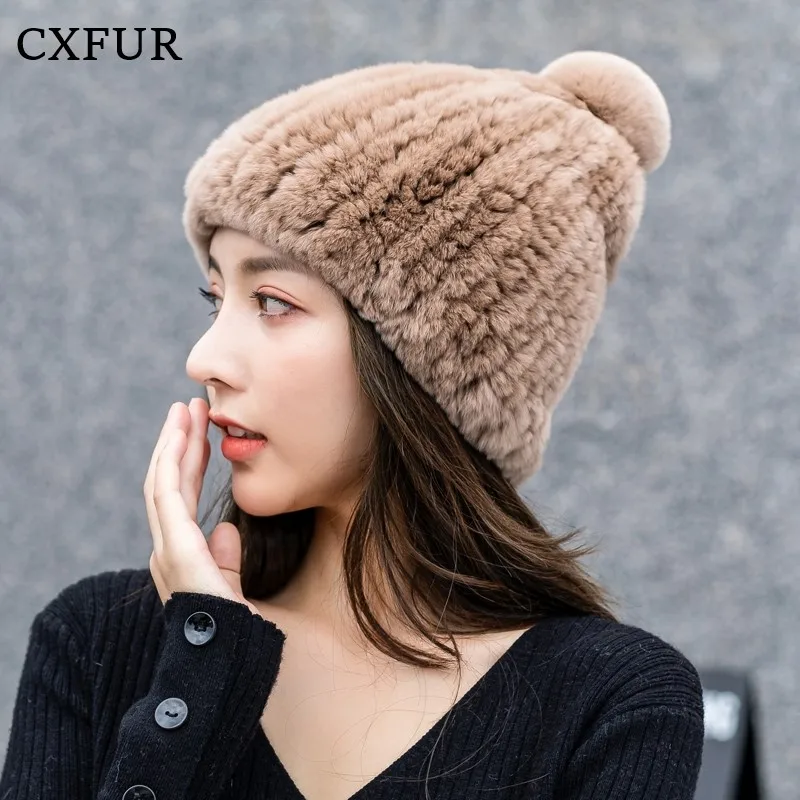 

Ladies Winter Fluffy Pompom Real Rex Rabbit Fur Knitted Beanie Hats CX-C-203