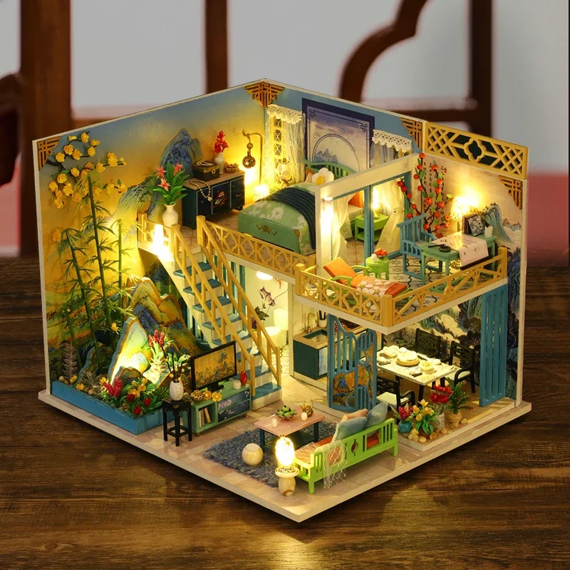 

DIY Dollhouse Kit Apartment Loft Wooden Miniature Doll Houses Furniture LED Light Children Birthday Gift Creative Puzzle Toy