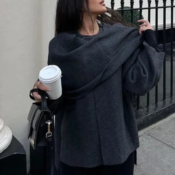 Charmoso Vestido de Estilo Chinês UMI MAO: Um Toque de Elegância Tradicional 9 TRAFZA Fashionable Asymmetric Scarf Women's Knitted Coat Winter Warm Long Sleeve Single Button Loose Women's Short Woolen Jacket