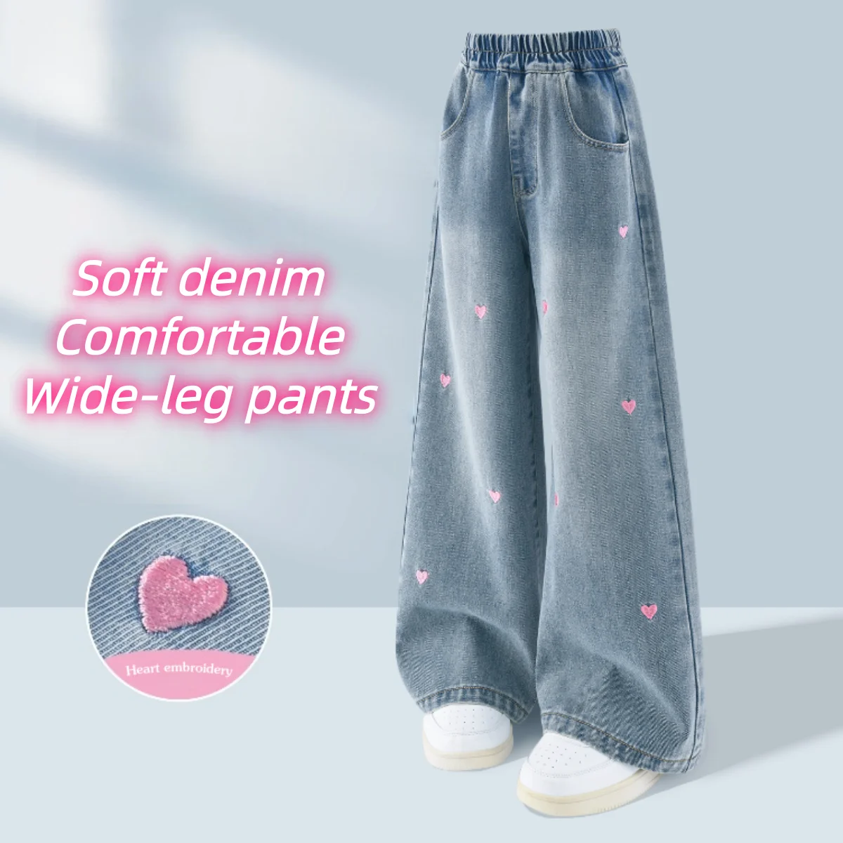جينز أنيق للأطفال قابل للتنفس بناتي مع تطريز على شكل قلب حلو ولطيف بنطلون دنيم للربيع والخريف ناعم وخفيف الوزن بقصة واسعة من الأسفل جينز أنيق للأطفال قابل للتنفس بناتي مع تطريز على شكل قلب حلو ولطيف بنطلون دنيم للربيع والخريف ناعم وخفيف الوزن بقصة واسعة من الأسفل