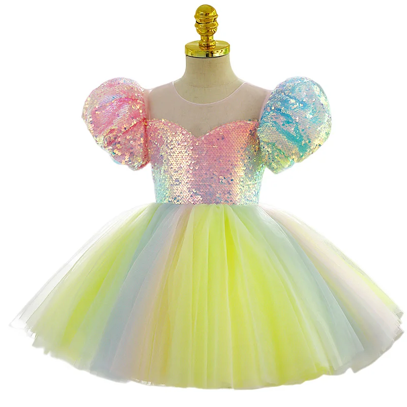 

Sequined Multi-color Rainbow Unicorn Bubble Sleeve Birthday Dress Carnival Pageant Evening Party Princess Tutu for 1-14Y Girls