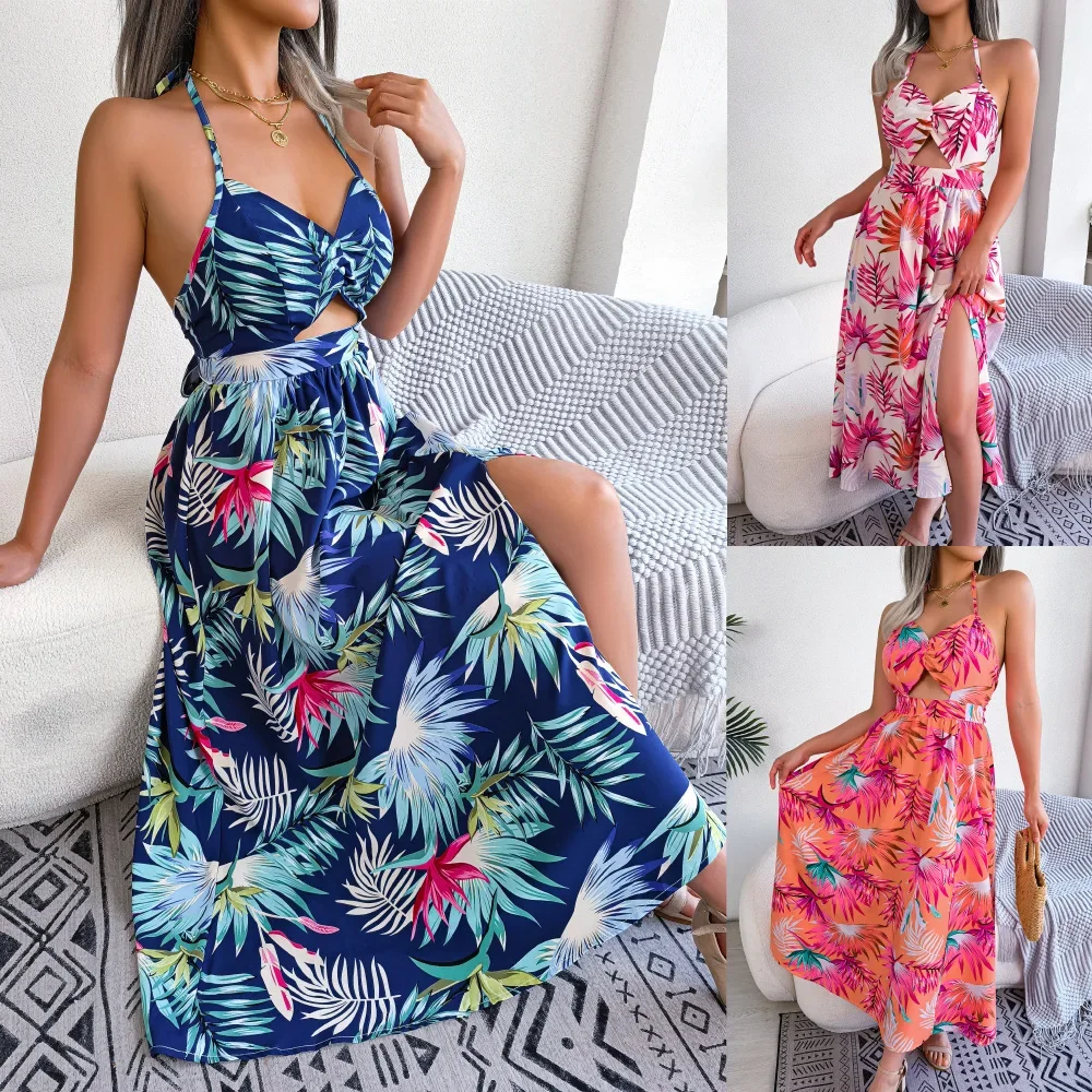 

2024 Spring summer Europe and the United States flowers sleeveless hollow halter long dress holiday beach dress women