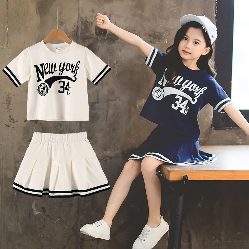 

Girls Summer Sports Cotton 2Pcs T-shirts+A-Line Skirt Suits 3-13 Years Girls Preppy Style Children Outfits Jk Uniform Clothing