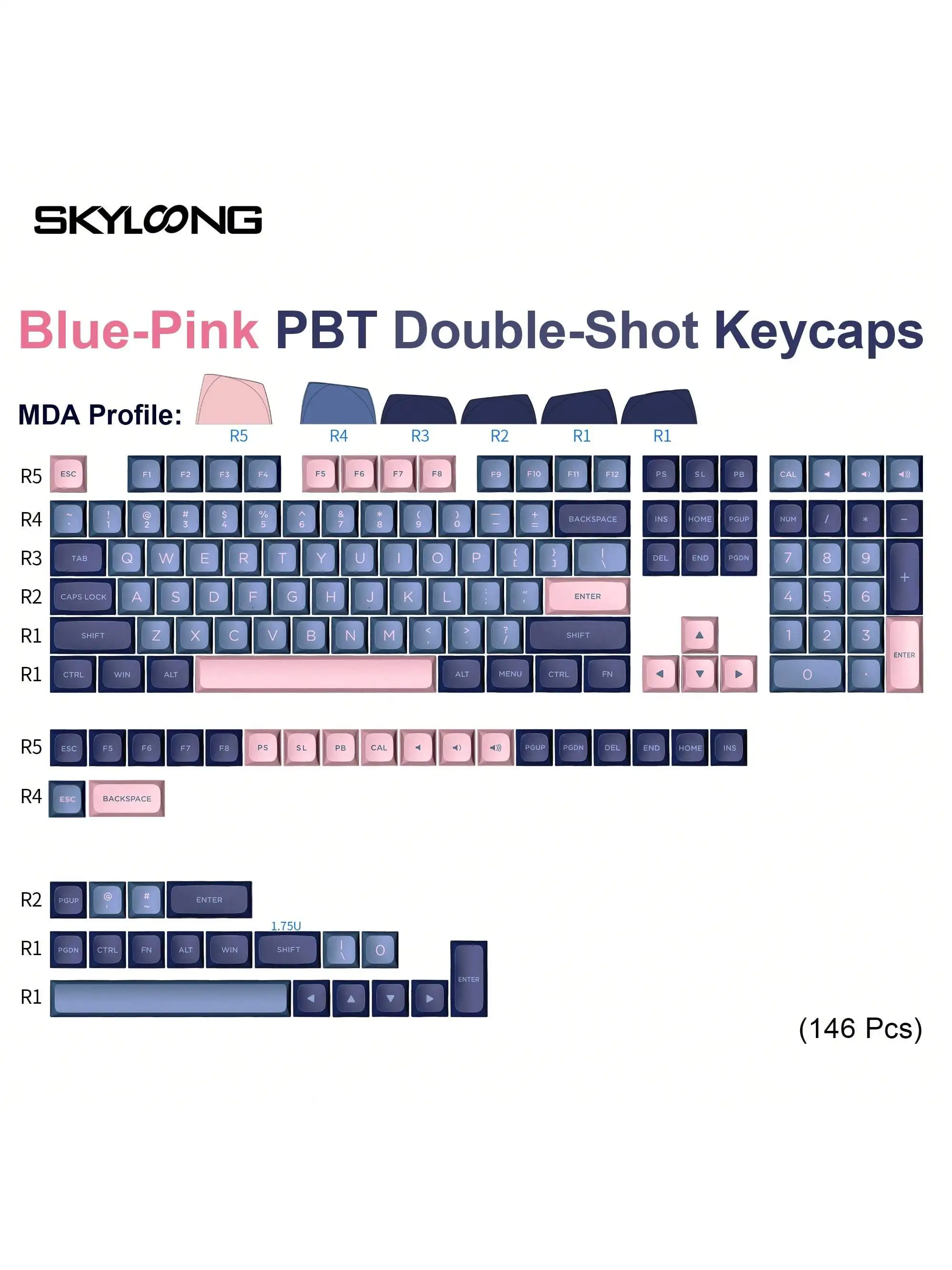 

SKYLOONG, 146 шт., колпачки для клавиш из ПБТ, синий/розовый, профиль MDA, механические колпачки с двойным выстрелом, синие, розовые, компьютерные аксессуары, забавная клавиатура