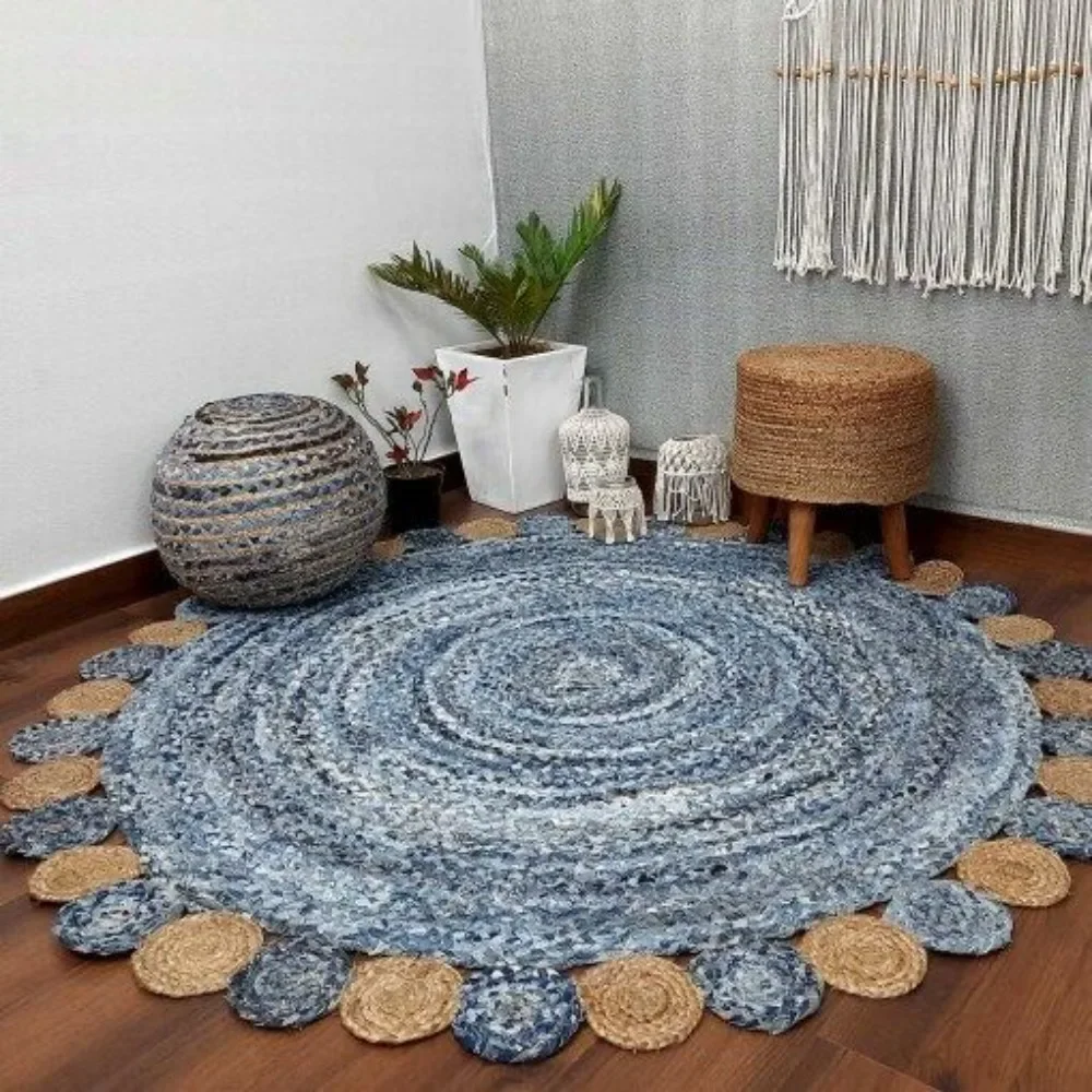 

Round Rug Jute Denim Carpet Living Room Reversible Handmade Braided Hallway Floor Mat Rustic Modern Bedroom Area Rug Home Decor