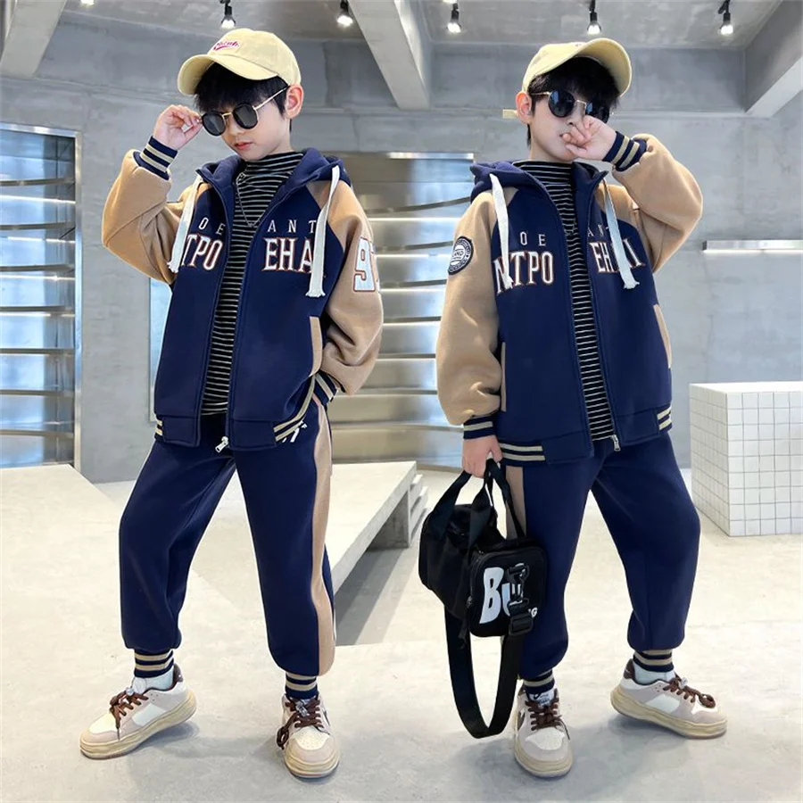 

Spring Autumn Boys Striped Zip Sweatshirt Jackets+Sweatpant Sets School Kids Tracksuit Child Outfit Student Jogging Suit 3-14Yrs