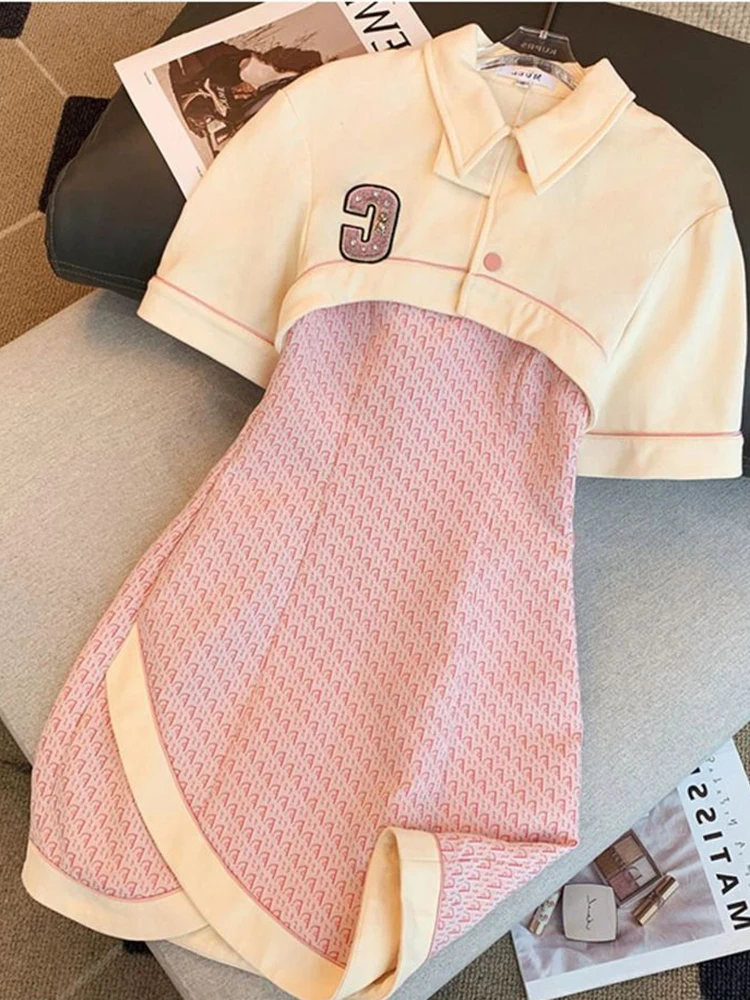 Женское платье-свитер с коротким рукавом, платье-рубашка-поло в Корейском стиле, мини-платье в стиле пэчворк, лето 2023
Женское платье-свитер с коротким рукавом, платье-рубашка-поло в Корейском стиле, мини-платье в стиле пэчворк, лето 2023