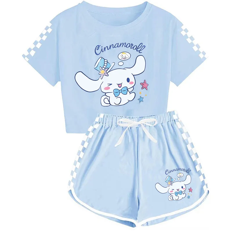 

Sanrio мультфильм рубашки и шорты Комплект Cinnamoroll Kuromi мягкие пижамы с коротким рукавом комплект для тренажерного зала летняя спортивная одежда подарок для девочек