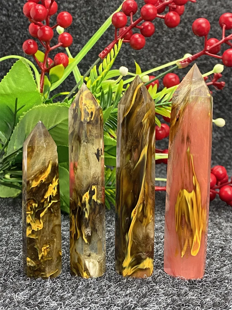 

Natural Gemstone Yellow Stripe Smelted Stone Hexagonal Crystal Tower Obelisk Reiki Healing Stone Wand Home Decor Feng Shui Gift